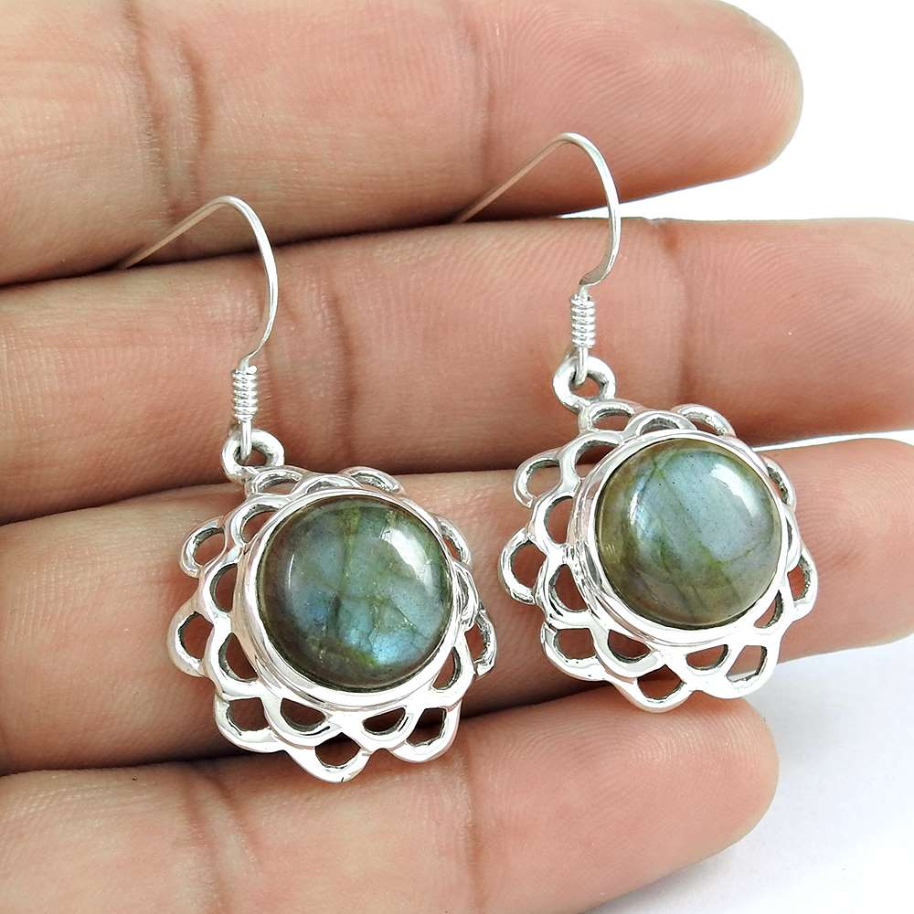 Gift For Her Natural Labradorite Dangle Bohemian Earrings 925 Silver R37
