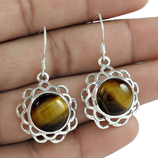 Natural Tiger'S Eye Gemstone Dangle Vintage Earrings 925 Silver S37