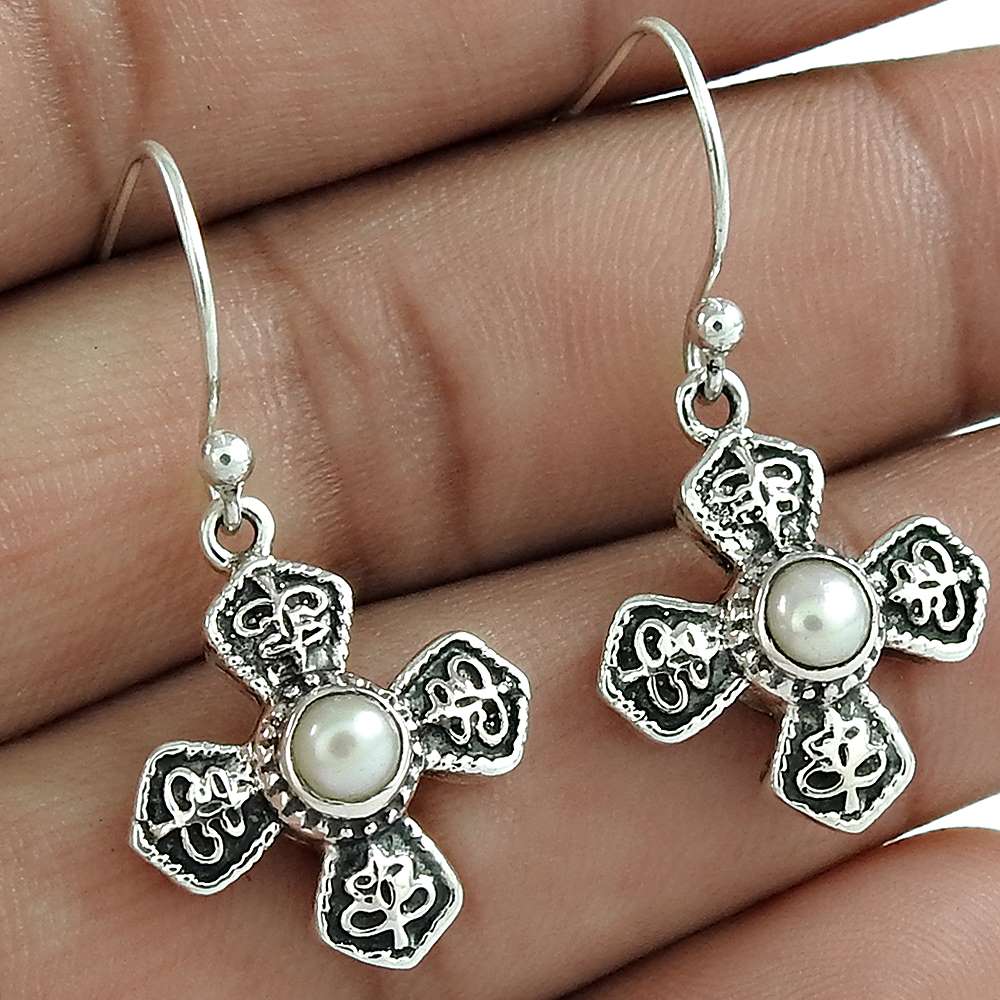 Wedding Gift For Her 925 Silver Natural Pearl Dangle Tribal Earrings U37