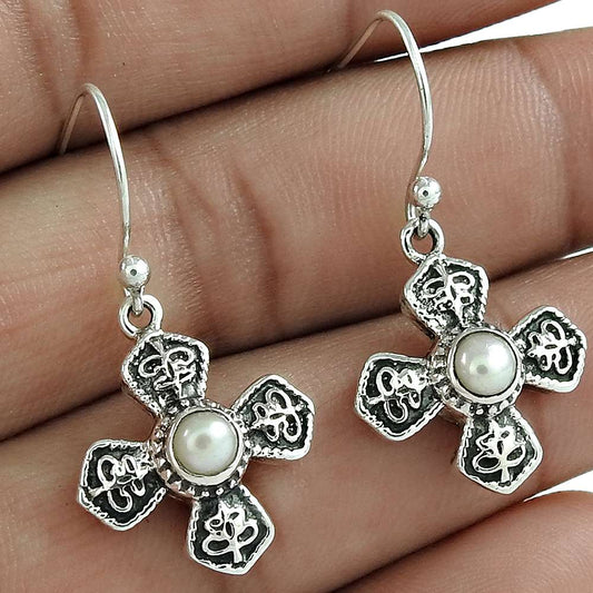 Wedding Gift For Her 925 Silver Natural Pearl Dangle Tribal Earrings U37