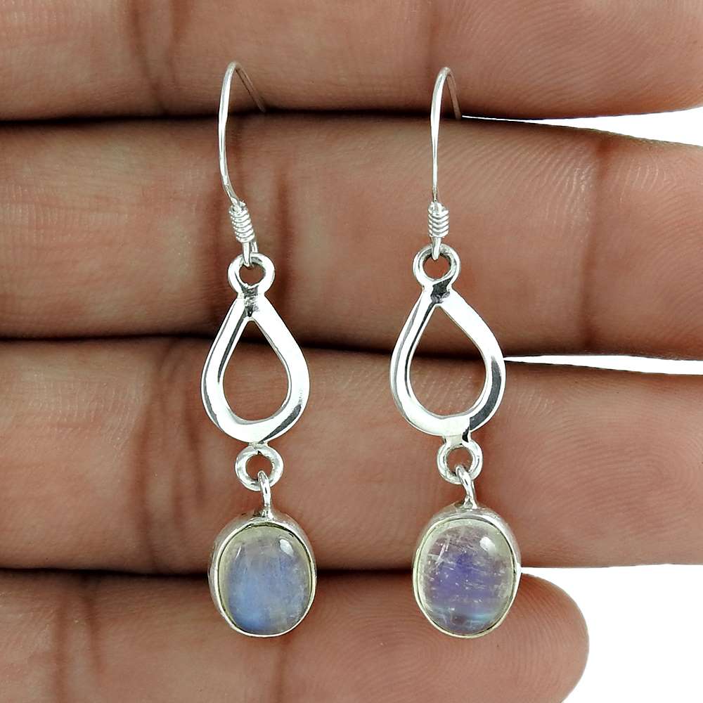 Natural Rainbow Moonstone Gemstone Dangle Boho Earrings 925 Silver V37