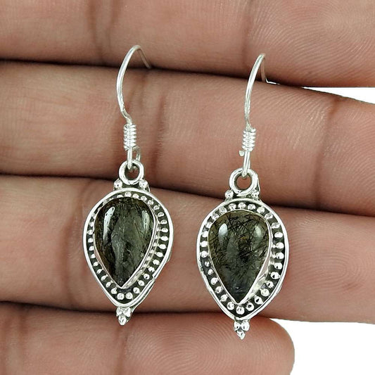 Natural Tormuleted Quartz Dangle Ethnic Earrings 925 Silver For Women W37