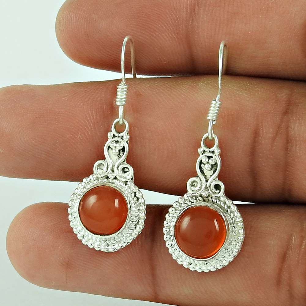 Gift For Her Natural Carnelian Dangle Vintage Earrings 925 Silver X37