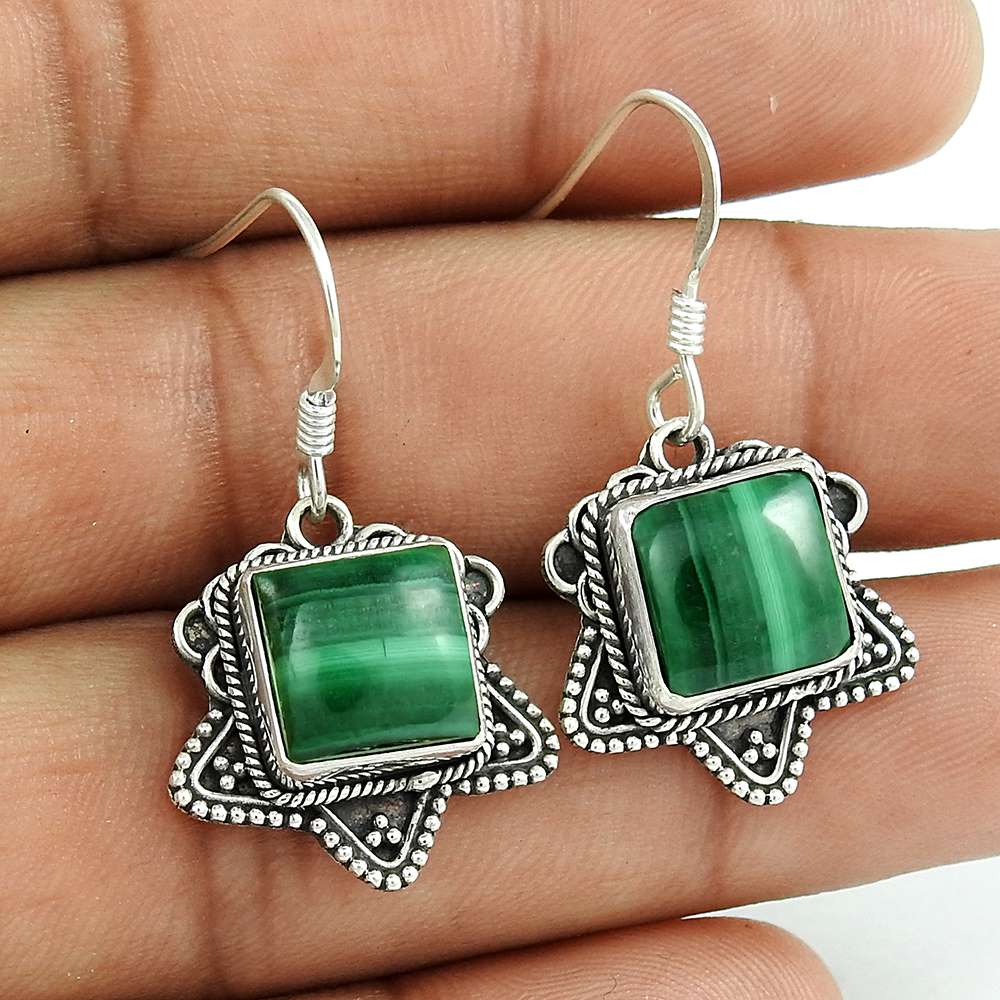 Gift For Her Natural Malachite Dangle Boho Earrings 925 Silver Y3
