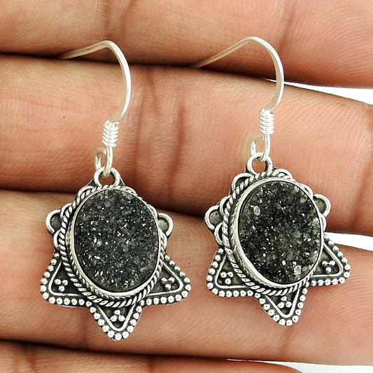 Birthday Gift For Her Natural Druzy Dangle Boho Earrings 925 Silver W7