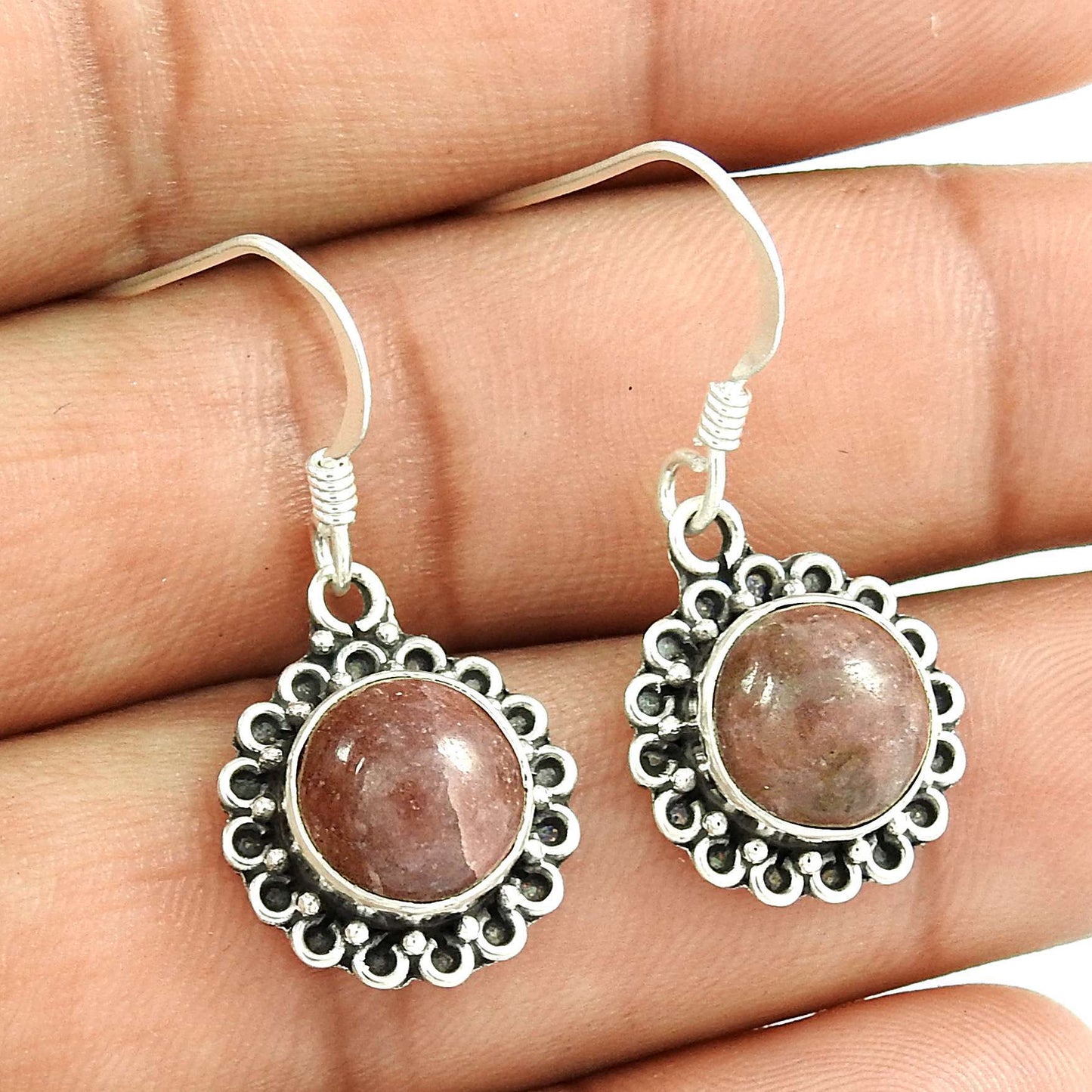 Natural Rhodonite Gemstone 925 Silver Dangle Boho Earrings For Women J38