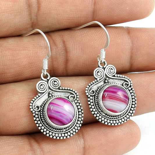 Natural Striped Onyx Gemstone Dangle Bohemian Earrings 925 Silver L38