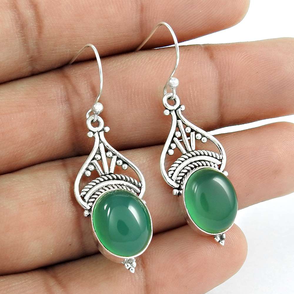Natural Onyx Gemstone Dangle Ethnic Green Earrings 925 Sterling Silver N38