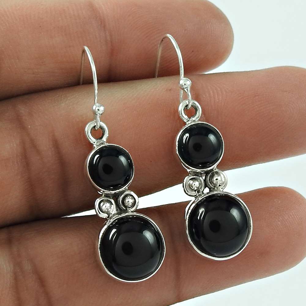 Pure Joy 925 Sterling Silver Black Onyx Gemstone Earring Vintage Jewellery