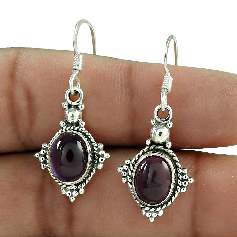 Gift For Her Natural Amethyst Dangle Vintage Earrings 925 Silver U38