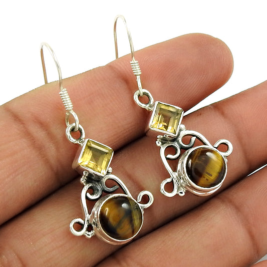 Christmas Gift Tiger'S Eye Gemstone Drop/Dangle Earrings 925 Sterling Silver N5