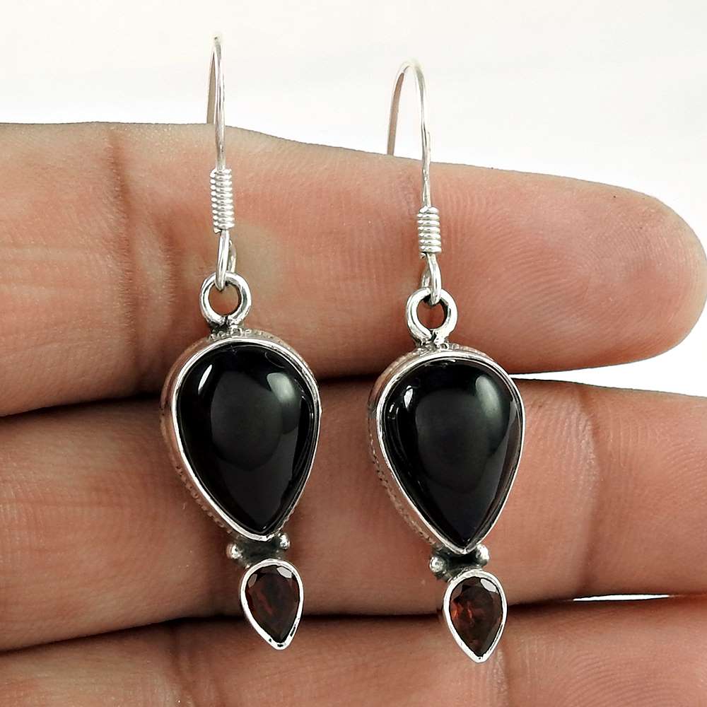 925 Sterling Silver Gemstone Jewellery Trendy Garnet Black Onyx Gemstone Earrings