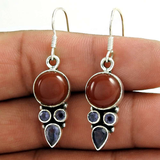 Natural Onyx Gemstone Dangle Tribal Earrings 925 Silver For Girls Y38