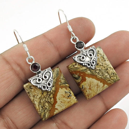 Natural Picture Jasper 925 Silver Boho Christmas Gift Earrings For Women R5