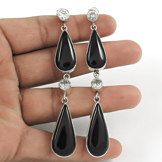 Christmas Gift Earrings 925 Sterling Silver Natural Onyx Gemstone W5