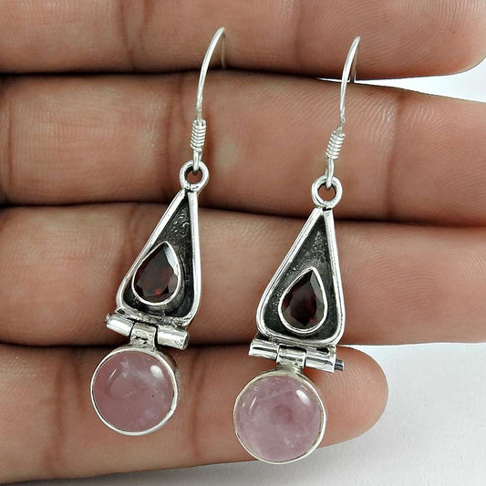 Natural Rose Quartz Gemstone Dangle Boho Earrings 925 Silver For Women F39