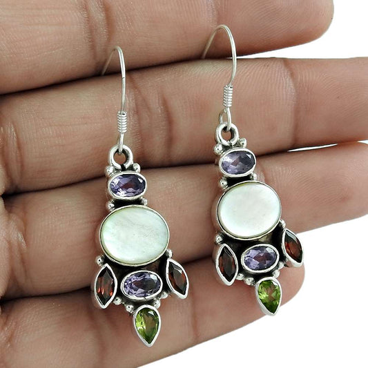 Natural Mother Of Pearl Dangle Bohemian White Earrings 925 Silver T23