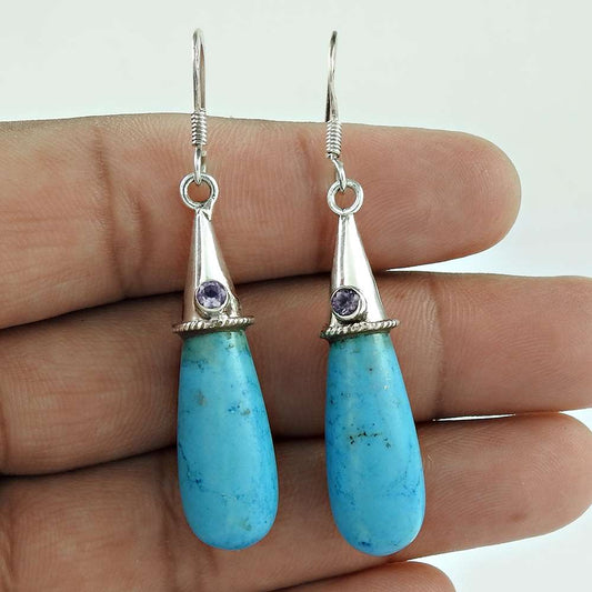 Natural Amethyst Gemstone Dangle Vintage Earrings 925 Silver For Women K39