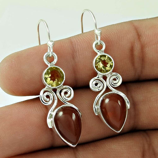 925 Sterling Silver Jewellery Charming Carnelian Citrine Gemstone Earrings