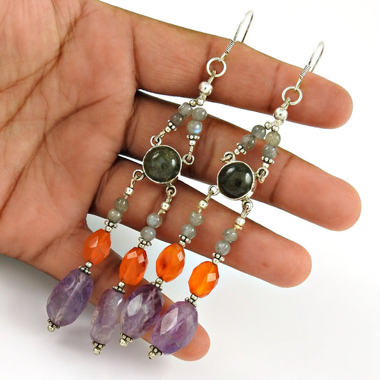 Christmas Gift Natural Amethyst Gemstone Boho Earrings 925 Sterling Silver A6