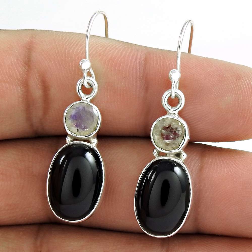 Gift For Her Natural Black Onyx Dangle Vintage Earrings 925 Silver B40