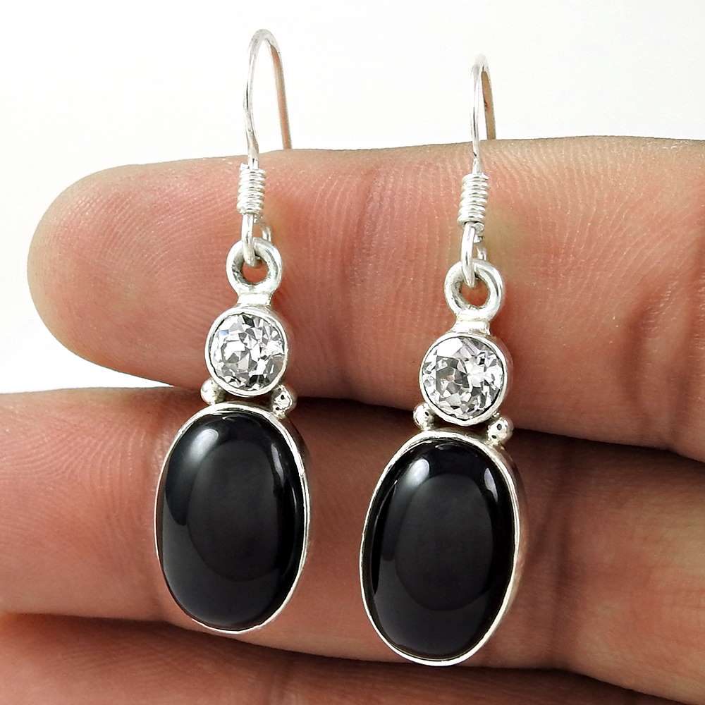 Natural Onyx Gemstone Dangle Ethnic Black Earrings 925 Sterling Silver E40