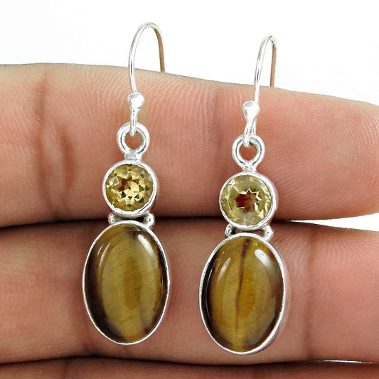 Natural Tiger'S Eye Gemstone Dangle Vintage Earrings 925 Silver H40