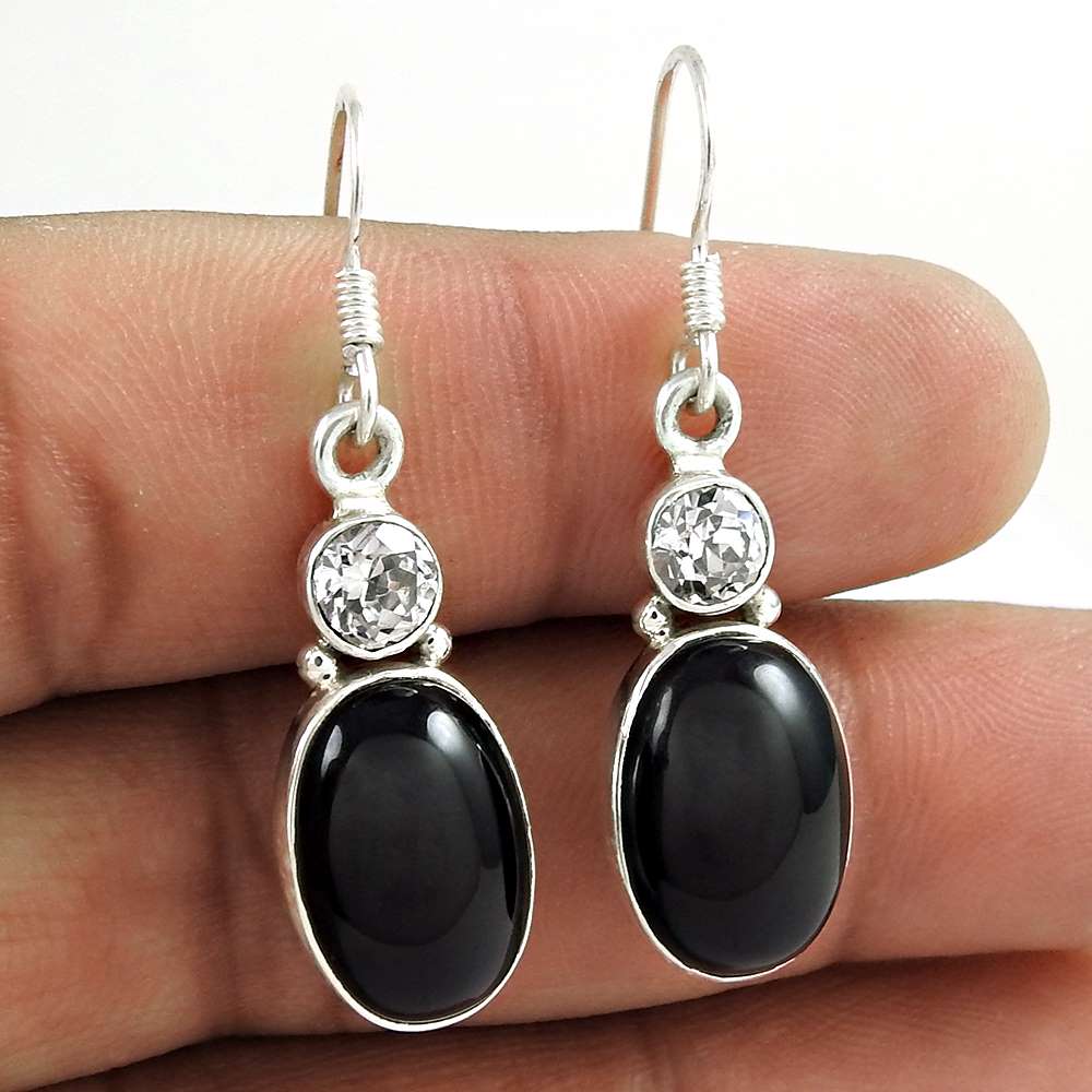 Natural Black Onyx Gemstone Dangle Ethnic Earrings 925 Silver For Girls I40