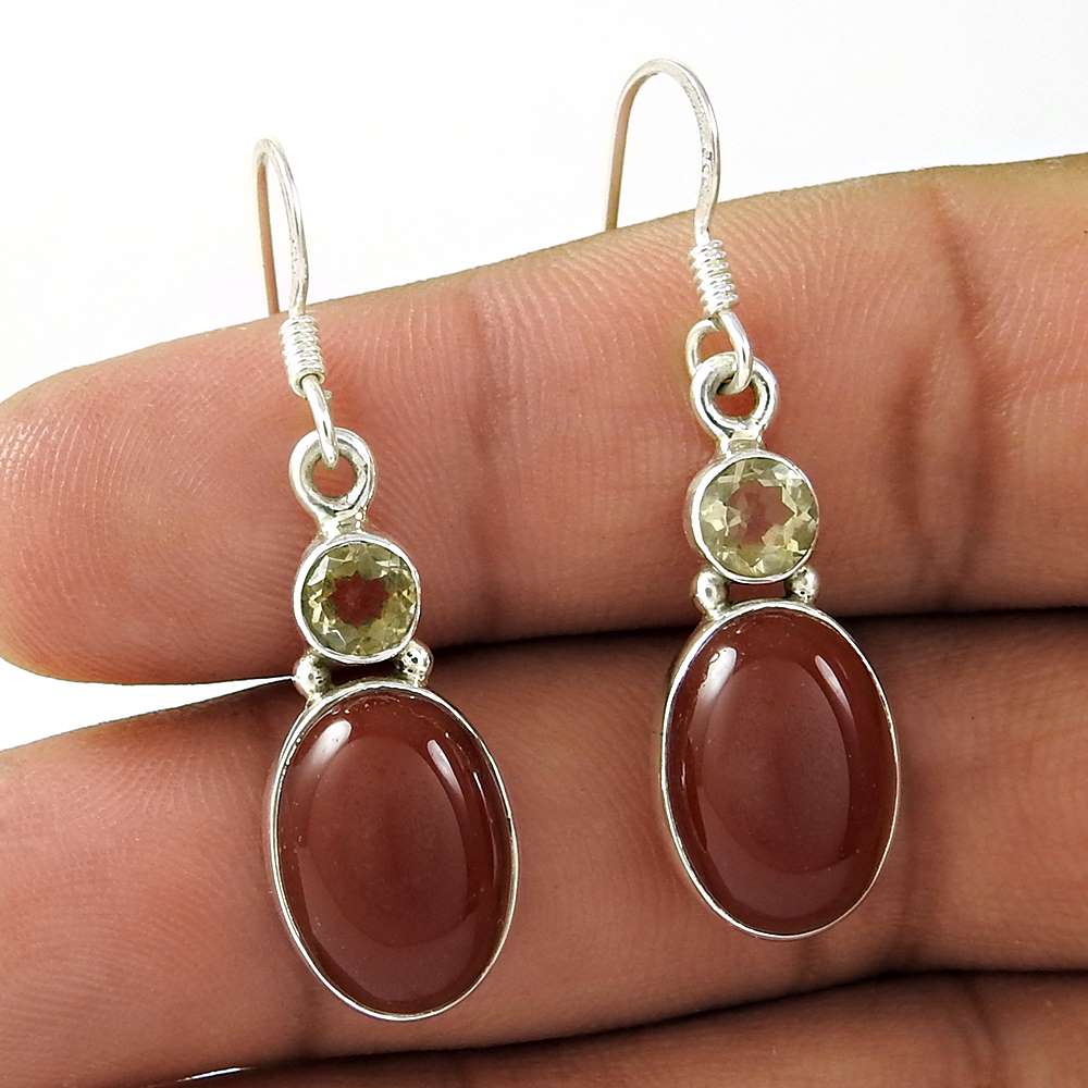 Natural Carnelian Gemstone Dangle Boho Red Earrings 925 Sterling Silver K40