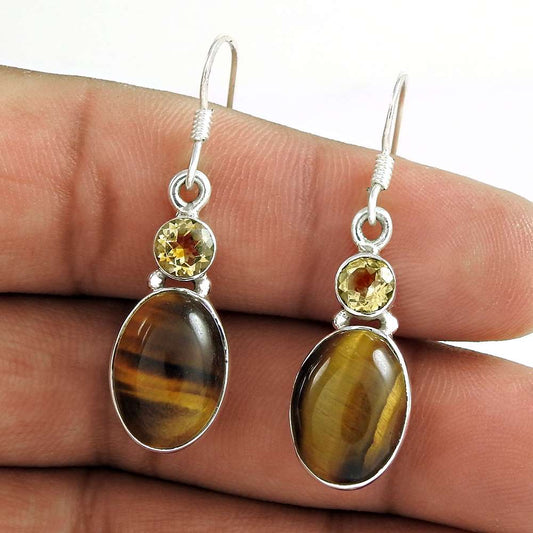 925 Sterling Silver Indian Jewellery Charming Tiger Eye Citrine Gemstone Earrings
