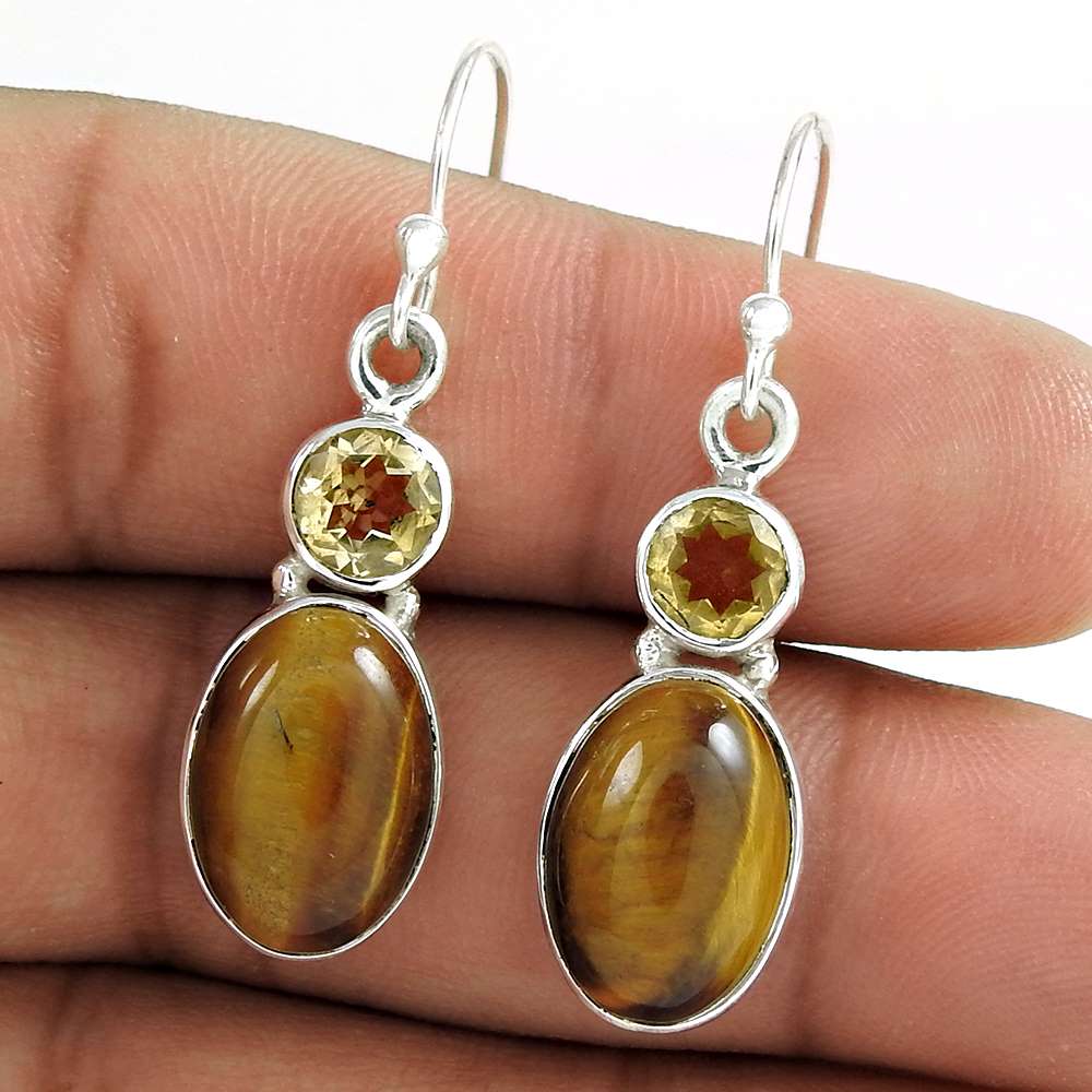 Natural Tiger'S Eye Dangle Vintage Earrings 925 Silver For Girls O40