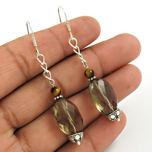 Christmas Gift Natural Smoky Quartz Gemstone Earrings 925 Sterling Silver D6