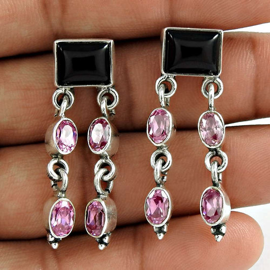 925 Sterling Silver Jewellery Fashion Black Onyx Pink CZ Gemstone Earrings