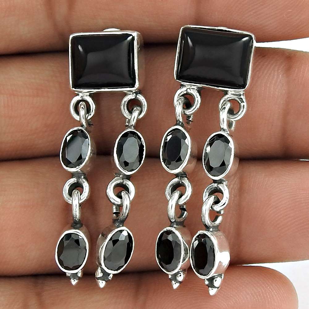Natural Black Onyx Gemstone Dangle Vintage Earrings 925 Sterling Silver T40