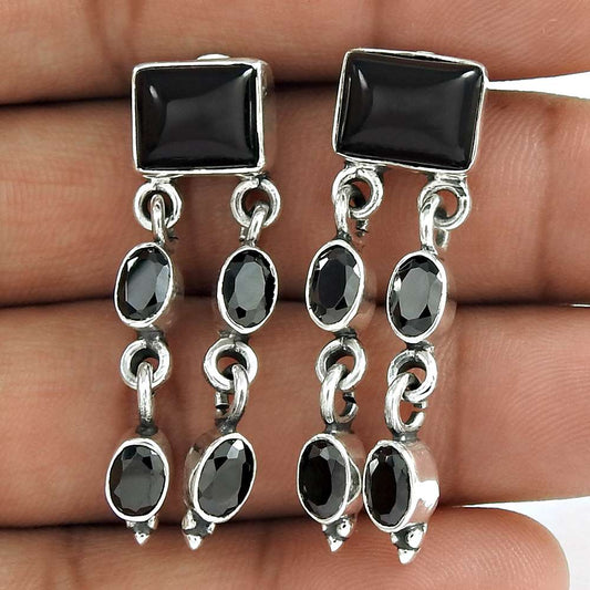 Natural Black Onyx Gemstone Dangle Vintage Earrings 925 Sterling Silver T40