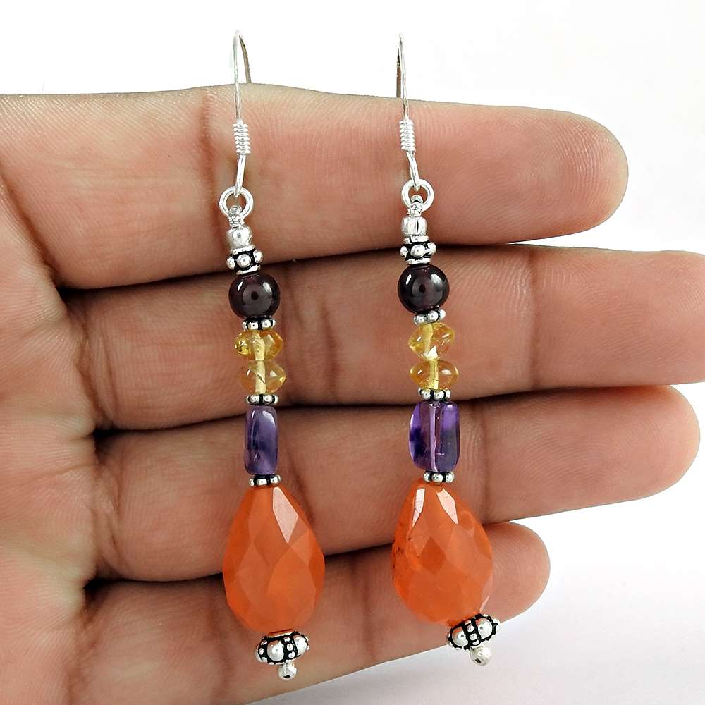 Gorgeous 925 Sterling Silver Carnelian Amethyst Citrine garnet Earrings De gros