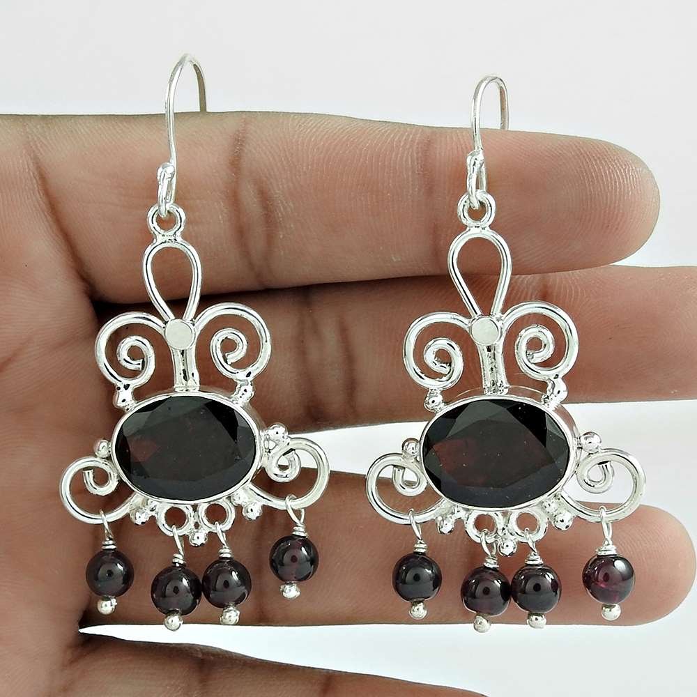 Birthday Gift For Her Natural Garnet Dangle Ethnic Earrings 925 Silver W40