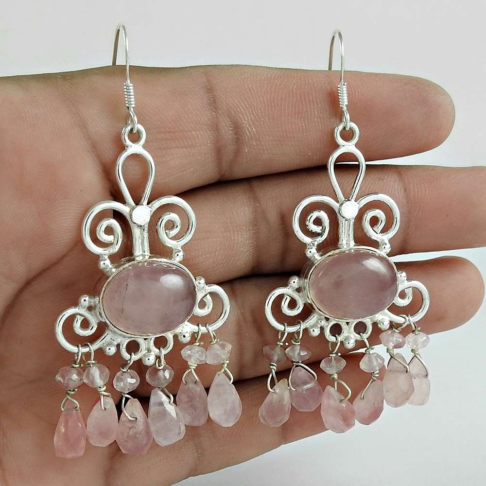 Gift For Her Natural Rose Quartz Dangle Tribal Earrings 925 Silver Y40
