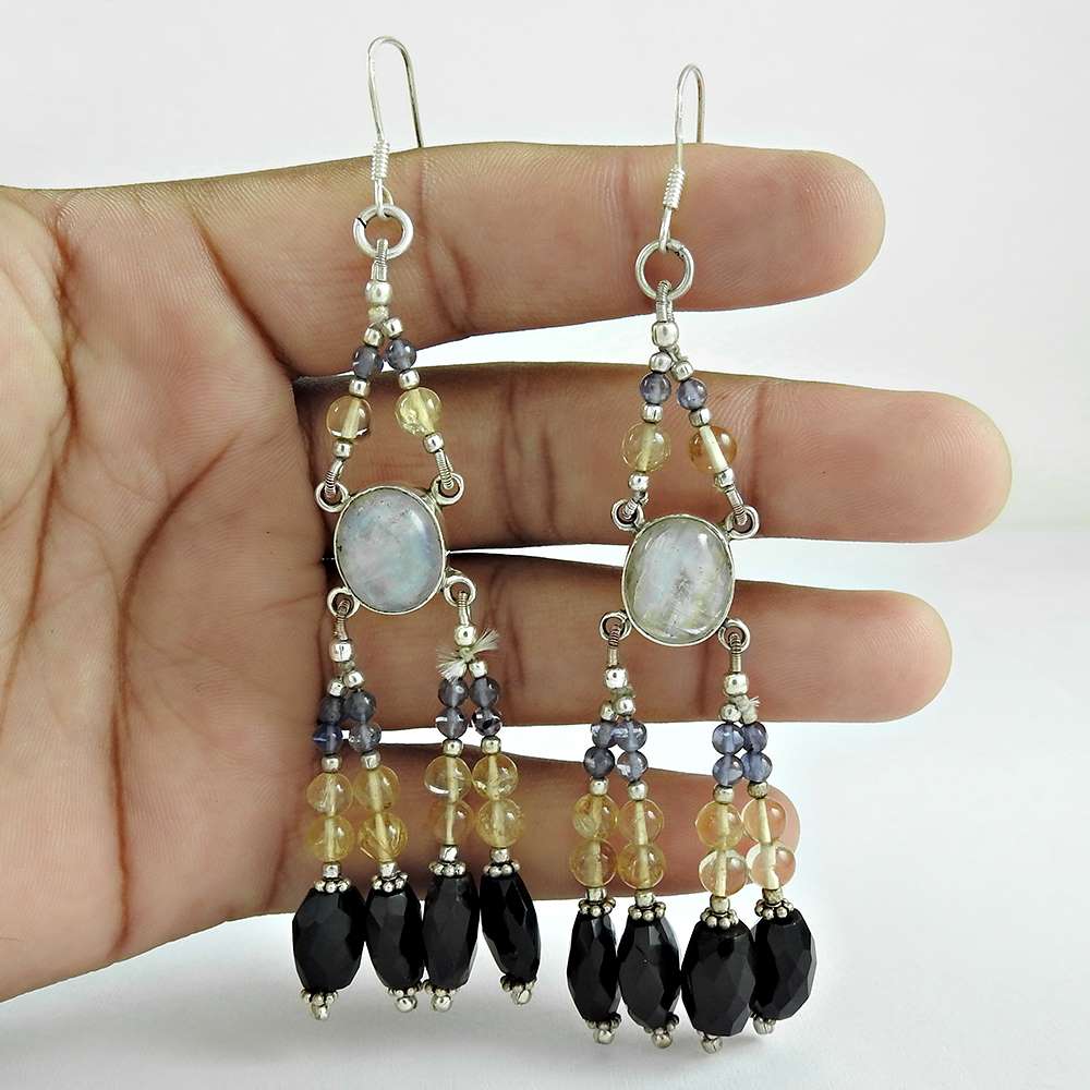 Natural Black Onyx Gemstone 925 Silver Dangle Ethnic Earrings For Girls Z40
