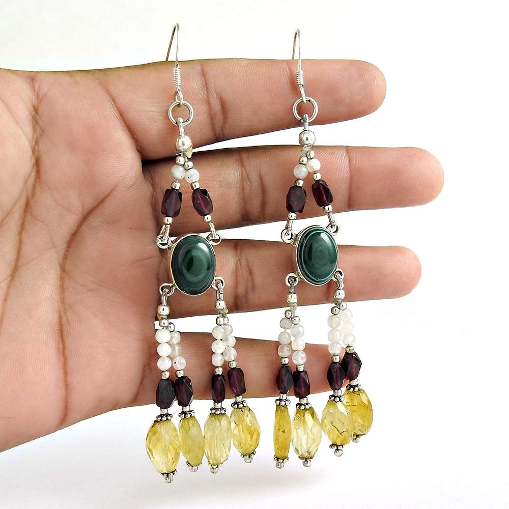 Natural Citrine Gemstone 925 Silver Dangle Tribal Earrings For Women B41