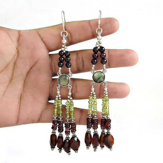 Birthday Gift For Her Natural Garnet Dangle Tribal Earrings 925 Silver C41