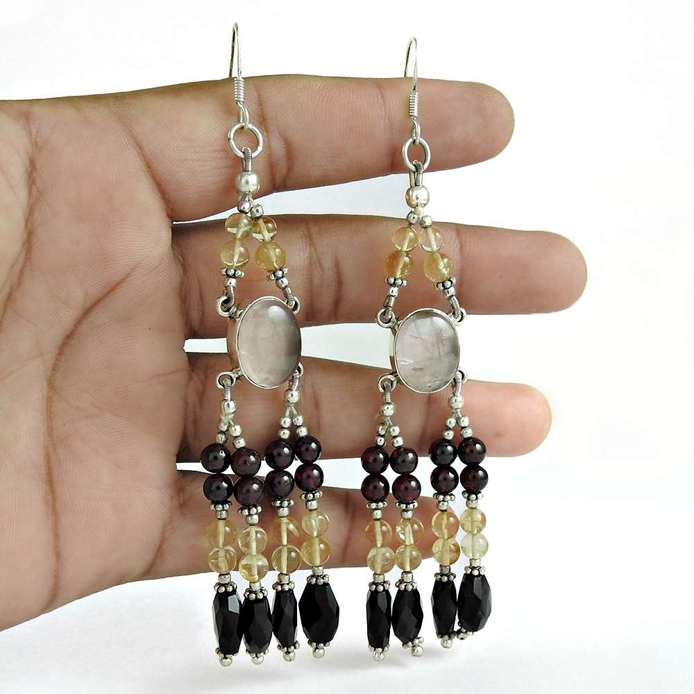 Natural Black Onyx Gemstone Dangle Boho Earrings 925 Sterling Silver D41