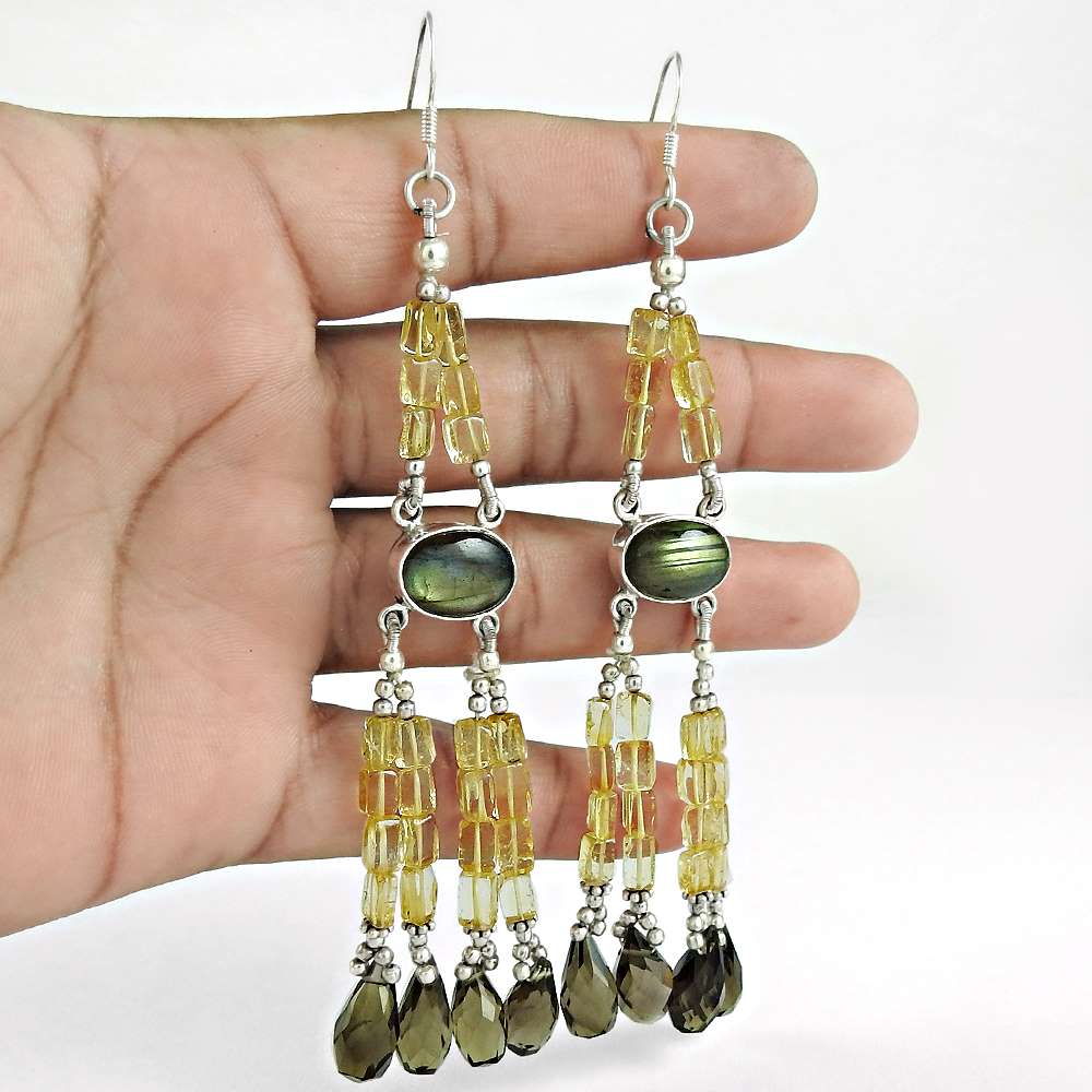 Natural Labradorite Gemstone Dangle Tribal Earrings 925 Sterling Silver E41