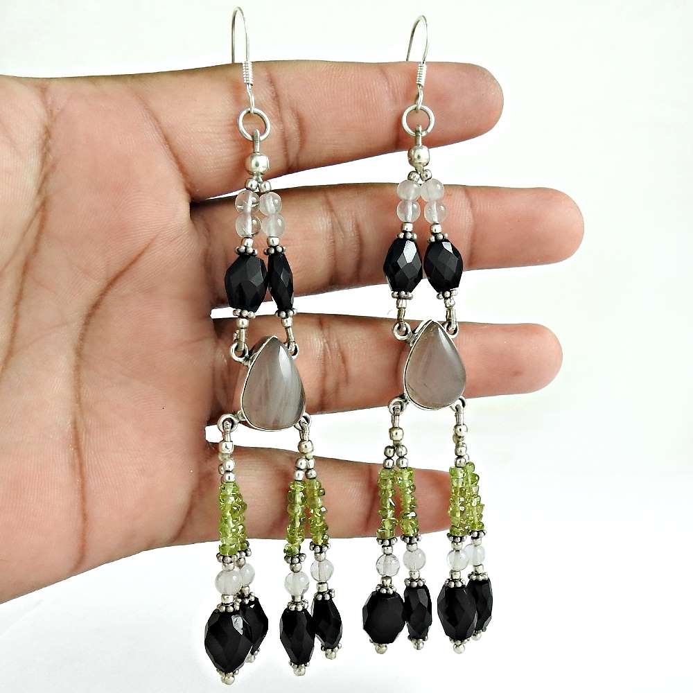 Natural Black Onyx Gemstone Dangle Boho Earrings 925 Sterling Silver F41