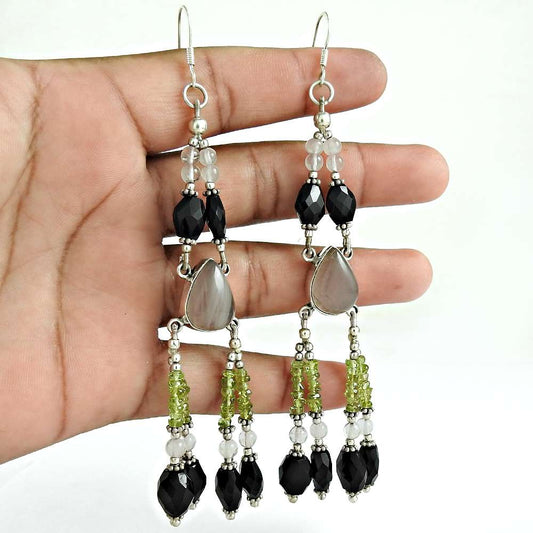 Natural Black Onyx Gemstone Dangle Boho Earrings 925 Sterling Silver F41