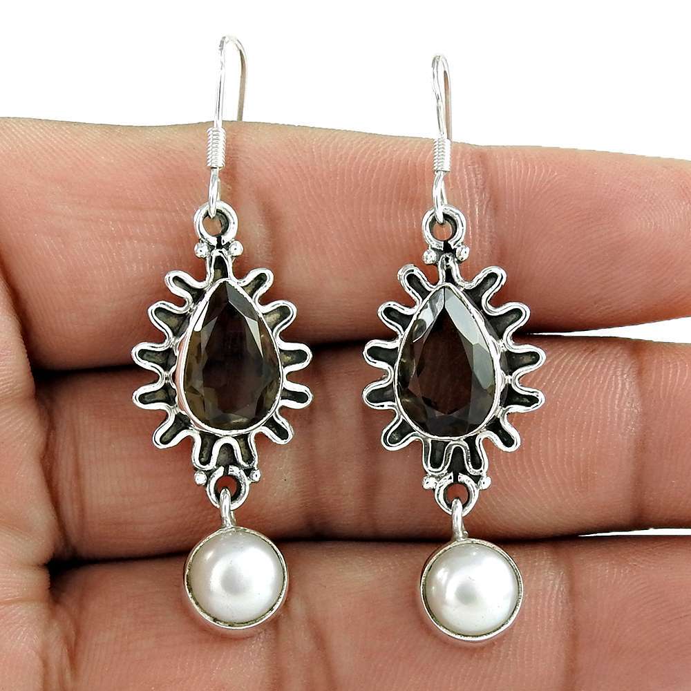 Gift For Her Natural Smoky Quartz Dangle Boho Earrings 925 Silver H41