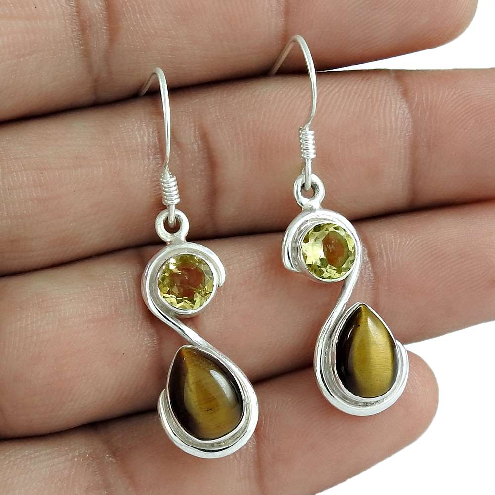 Gift For Her Natural Tiger'S Eye Dangle Tribal Earrings 925 Silver I41