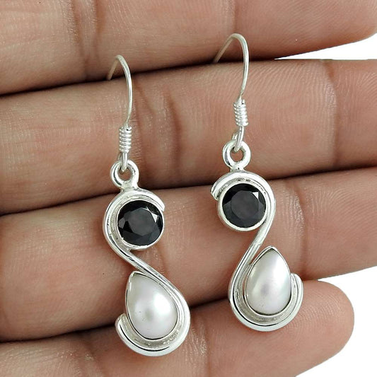 Wedding Gift For Her 925 Silver Natural Onyx Dangle Vintage Earrings O41