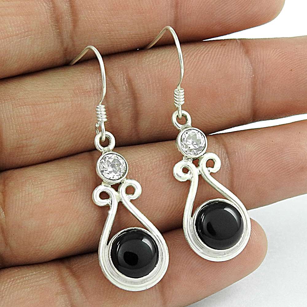Draditions Black Onyx White CZ Gemstone Sterling Silver Earrings Jewellery Grossiste