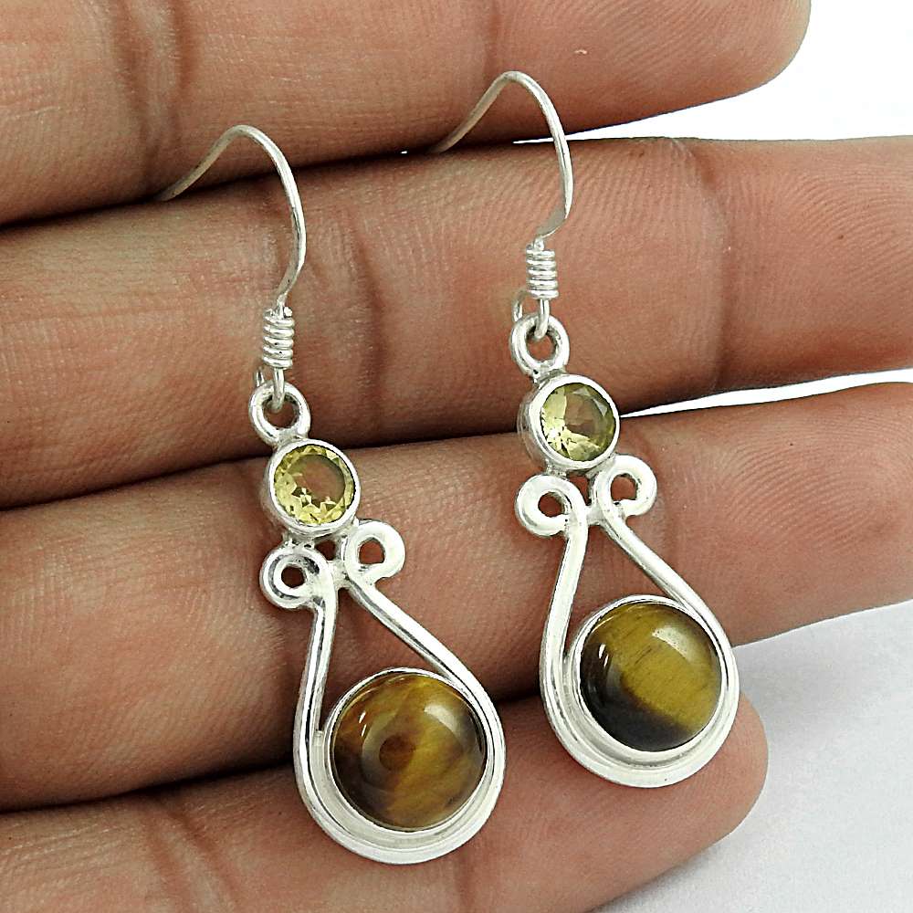 Exhilarant Tiger Eye Citrine Gemstone Sterling Silver Earrings Jewellery Fournisseur